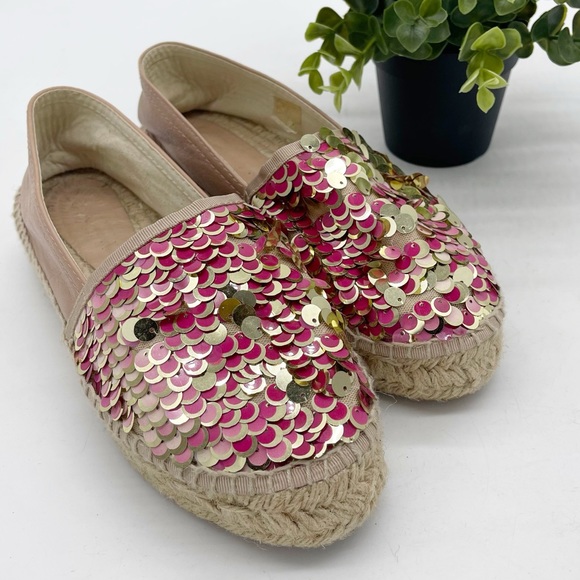 Ethem Eleva Sequined Leather Espadrilles Size 38 Pink Beige Barbie Vacation - Picture 1 of 8